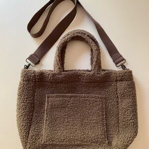 NEW Faux Sherpa Tote Bag Handles Shoulder Strap Brown